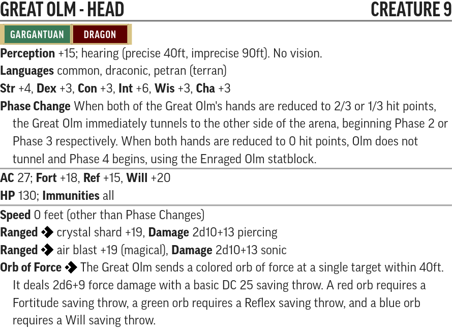 Great Olm's Head stats